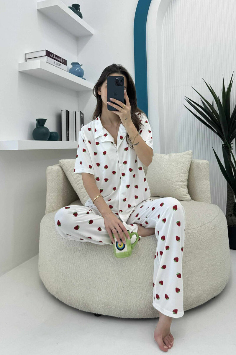 STRAWBERRY DESIGN SHIRT+TROUSERS WOMEN PYJAMAS WHITE-E BARDHE - 1