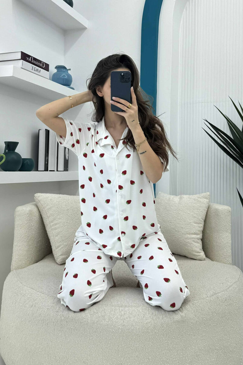 STRAWBERRY DESIGN SHIRT+TROUSERS WOMEN PYJAMAS WHITE-E BARDHE - 2