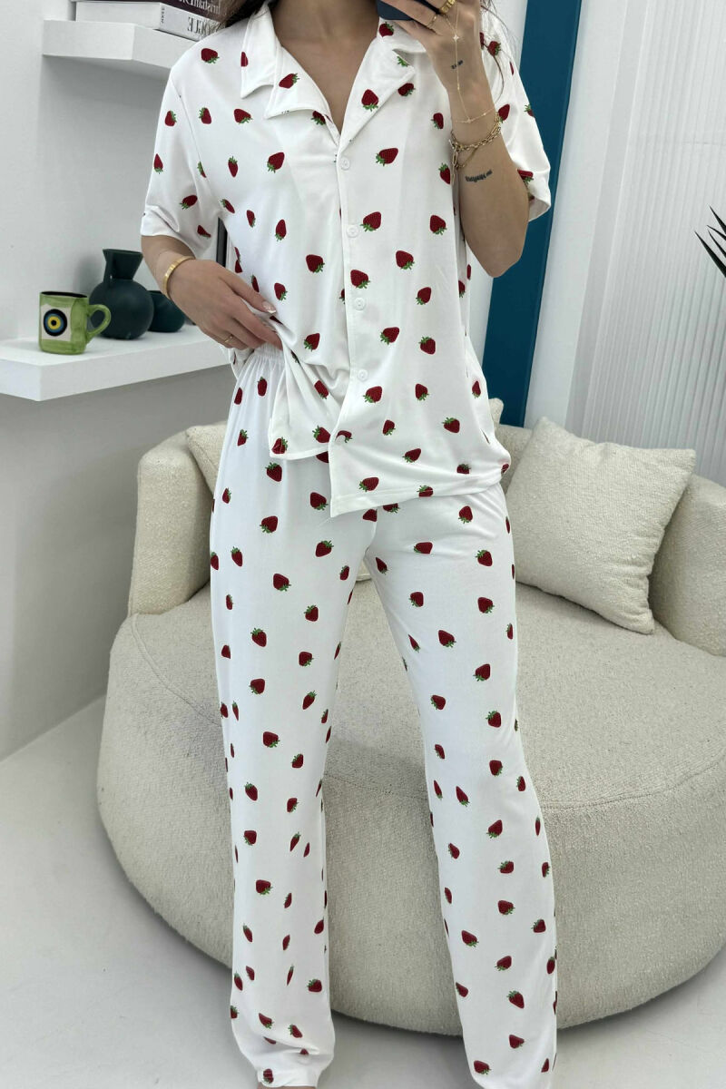 STRAWBERRY DESIGN SHIRT+TROUSERS WOMEN PYJAMAS WHITE-E BARDHE - 3