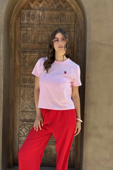 T-SHIRT NJË NGJYRËSH ME LOGON E LULESHTRYDHES PËR FEMRA NË NGJYRËN ROZË 