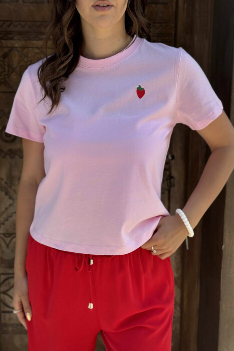 STRAWBERRY LOGO ONE COLOR WOMEN T-SHIRT PINK/ROZE - 2