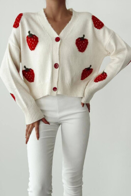 STRAWBERRY THREE BUTTONS WOMAN CARDIGAN WHITE-E BARDHE 