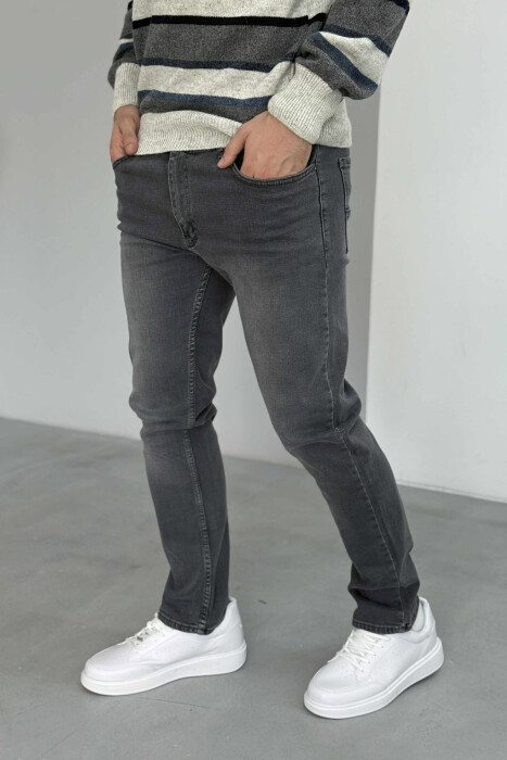 STRETCHY HIDDEN BUTTON FLY MEN JEANS GREY/GRI - 3