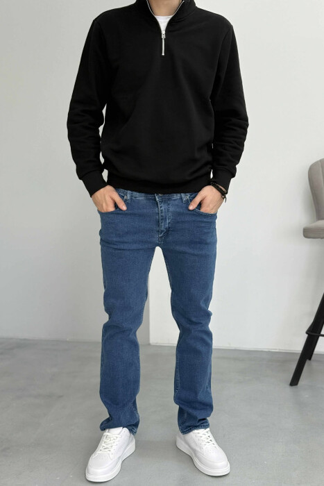 STRETCHY ONE COLOR HIDDEN BUTTON FLY MEN JEANS BLUE/BLU - KLAUDIO FASHION