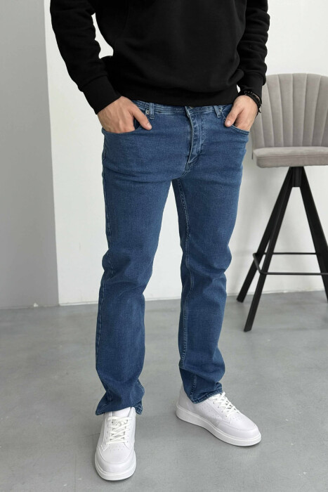 STRETCHY ONE COLOR HIDDEN BUTTON FLY MEN JEANS BLUE/BLU - 4