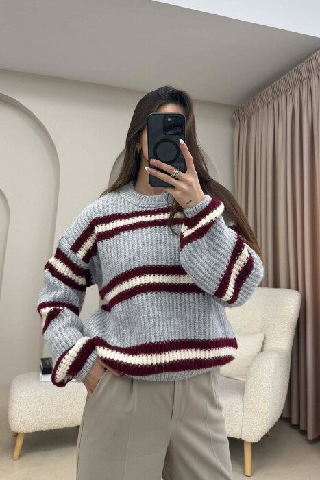 STRIPE CROPPED ROUND NECK WOMAN SWEATER LIGHT GREY/GZ - KLAUDIO FASHION