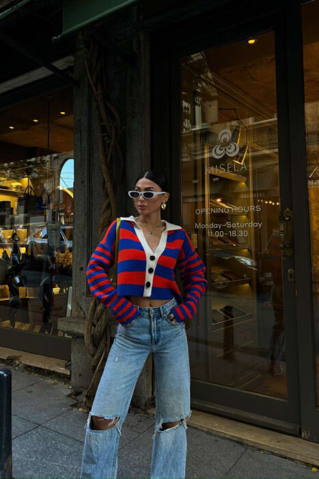 STRIPE CROPPED WOMEN CARDIGAN BLUE/ORANGE-BLPO - KLAUDIO FASHION