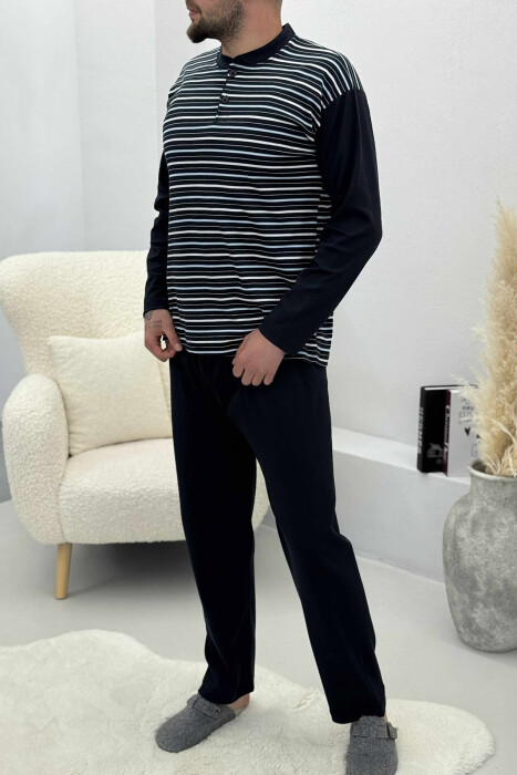 STRIPE DESIGN BUTTONED SWEATSHIRT+ SWEATPANTS MEN PYJAMAS DARK BLUE/BEE - KLAUDIO FASHION