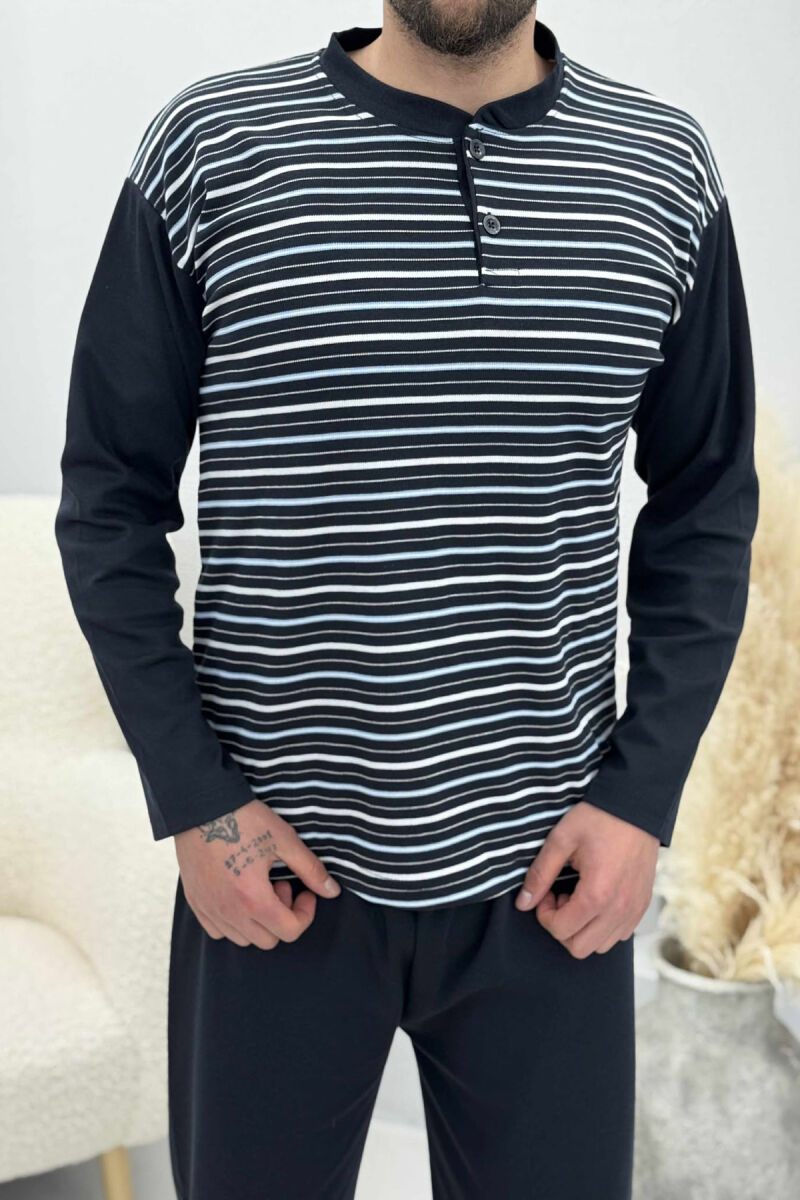 STRIPE DESIGN BUTTONED SWEATSHIRT+ SWEATPANTS MEN PYJAMAS DARK BLUE/BEE - 3