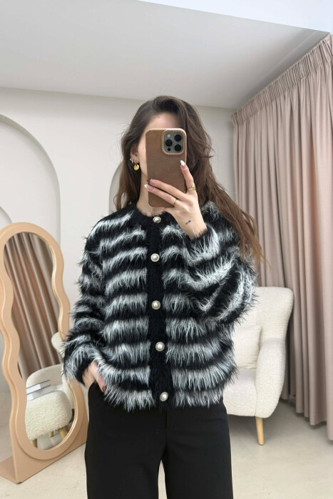 STRIPE DESIGN BUTTONED WOMEN CARDIGAN BLACK/ E ZEZE - KLAUDIO FASHION