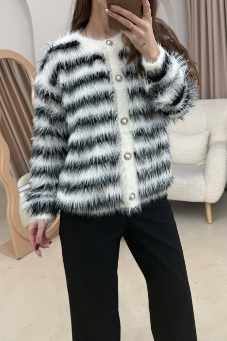 STRIPE DESIGN BUTTONED WOMEN CARDIGAN WHITE-E BARDHE - 2