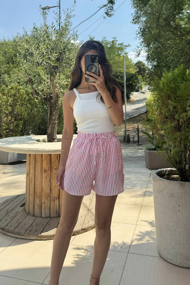 STRIPE DESIGN ELASTIC WAIST WOMEN SHORTS PINK/ROZE - 1