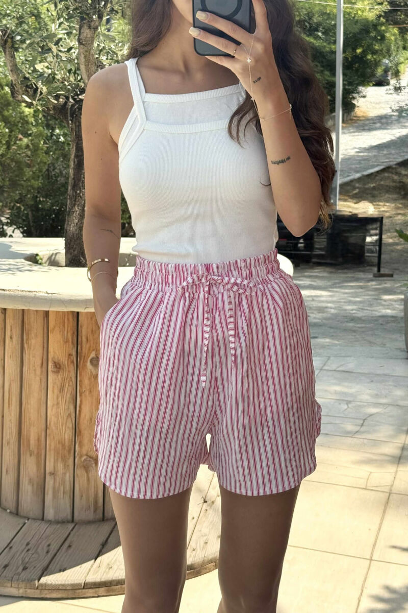 STRIPE DESIGN ELASTIC WAIST WOMEN SHORTS PINK/ROZE - 3