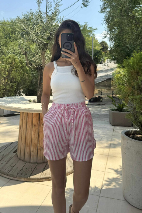 STRIPE DESIGN ELASTIC WAIST WOMEN SHORTS PINK/ROZE - 4