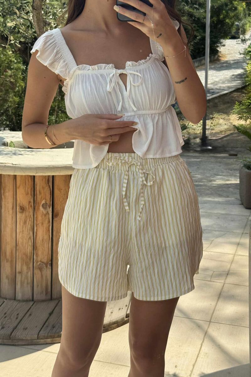 STRIPE DESIGN ELASTIC WAIST WOMEN SHORTS YELLOW/E VERDHE - 4