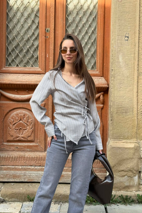 STRIPE DESIGN LACING DETAIL WOMAN SHIRT GREY/GRI - KLAUDIO FASHION