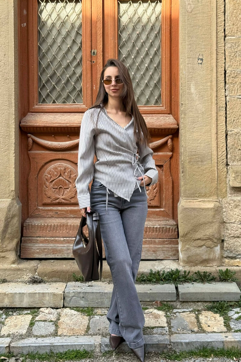 STRIPE DESIGN LACING DETAIL WOMAN SHIRT GREY/GRI - 7