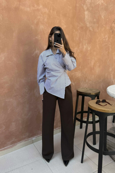 STRIPE DESIGN LACING WOMEN SHIRT BROWN/KAFE 