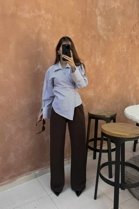 STRIPE DESIGN LACING WOMEN SHIRT BROWN/KAFE - 2