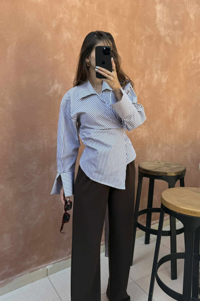 STRIPE DESIGN LACING WOMEN SHIRT BROWN/KAFE - 3