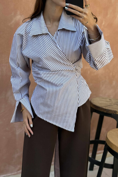 STRIPE DESIGN LACING WOMEN SHIRT BROWN/KAFE - 4