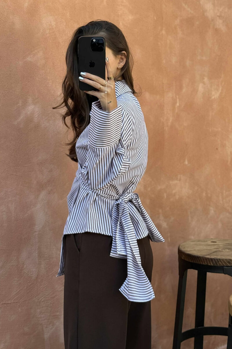 STRIPE DESIGN LACING WOMEN SHIRT BROWN/KAFE - 5