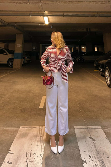 STRIPE DESIGN LACING WOMEN SHIRT IN BURGUNDY COLOR 