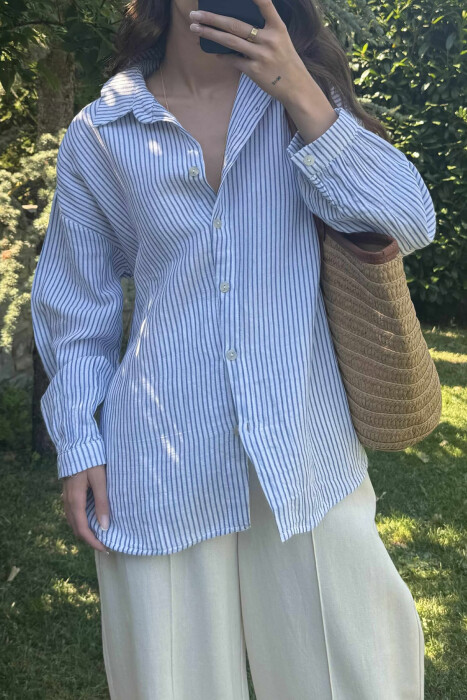 STRIPE DESIGN LINEN BLEND WOMEN SHIRT BLUE/BLU - 2