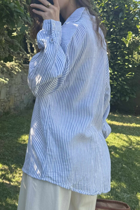 STRIPE DESIGN LINEN BLEND WOMEN SHIRT BLUE/BLU - 3