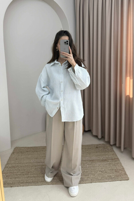 STRIPE DESIGN LINEN BLEND WOMEN SHIRT LIGHTBLUE/BZ 