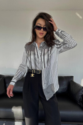 STRIPE DESIGN LONG SLEEVE WOMEN SHIRT WHITE-BLACK/BAZE 