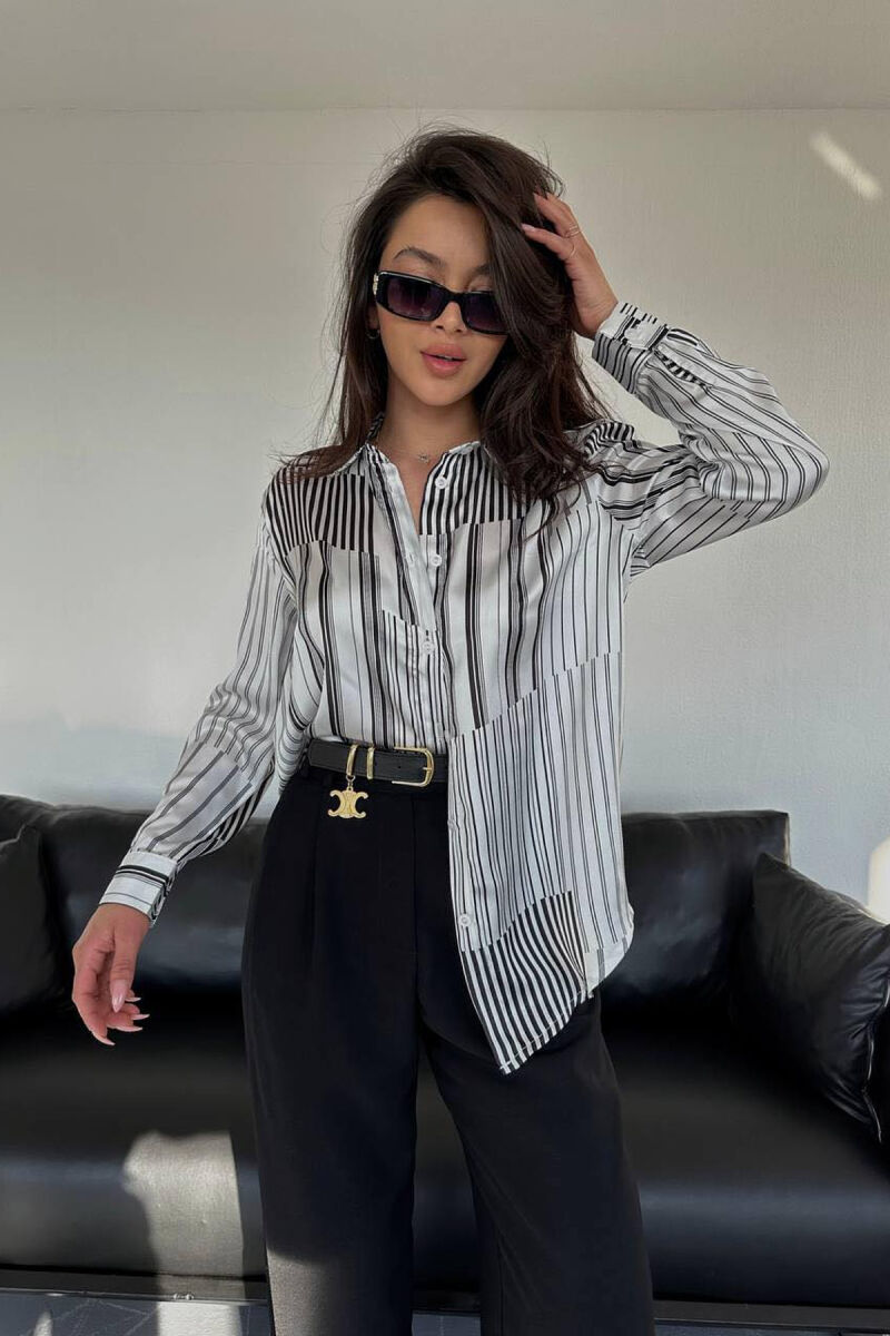 STRIPE DESIGN LONG SLEEVE WOMEN SHIRT WHITE-BLACK/BAZE - 1