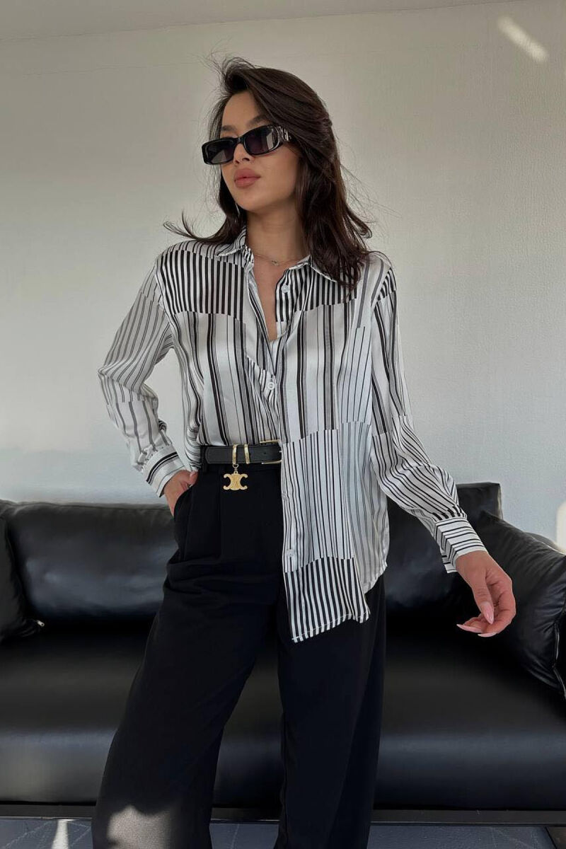 STRIPE DESIGN LONG SLEEVE WOMEN SHIRT WHITE-BLACK/BAZE - 2