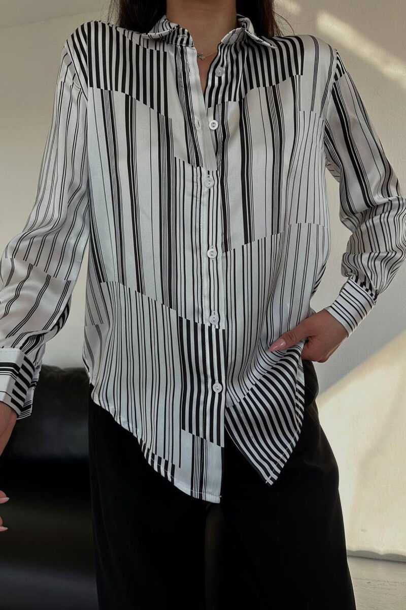 STRIPE DESIGN LONG SLEEVE WOMEN SHIRT WHITE-BLACK/BAZE - 4