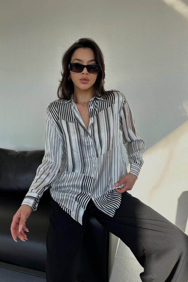 STRIPE DESIGN LONG SLEEVE WOMEN SHIRT WHITE-BLACK/BAZE - 5