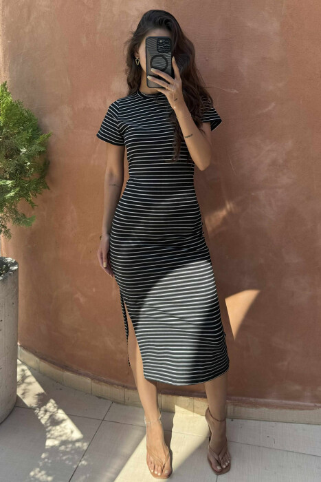 STRIPE DESIGN LONG WOMEN DRESS BLACK/ E ZEZE - KLAUDIO FASHION