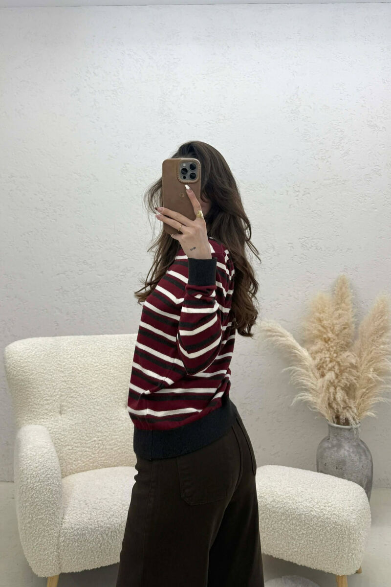 STRIPE DESIGN ROUND NECK WOMEN SWEATER BURGUNDY/VISHNJE - 2