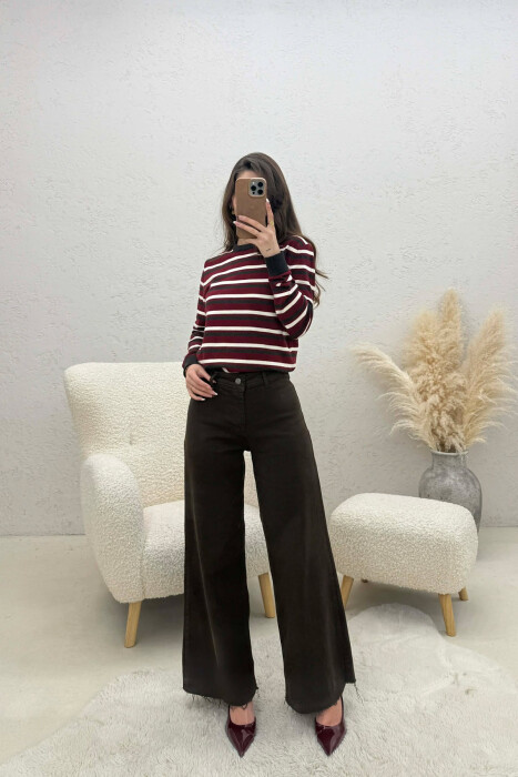 STRIPE DESIGN ROUND NECK WOMEN SWEATER BURGUNDY/VISHNJE - 3