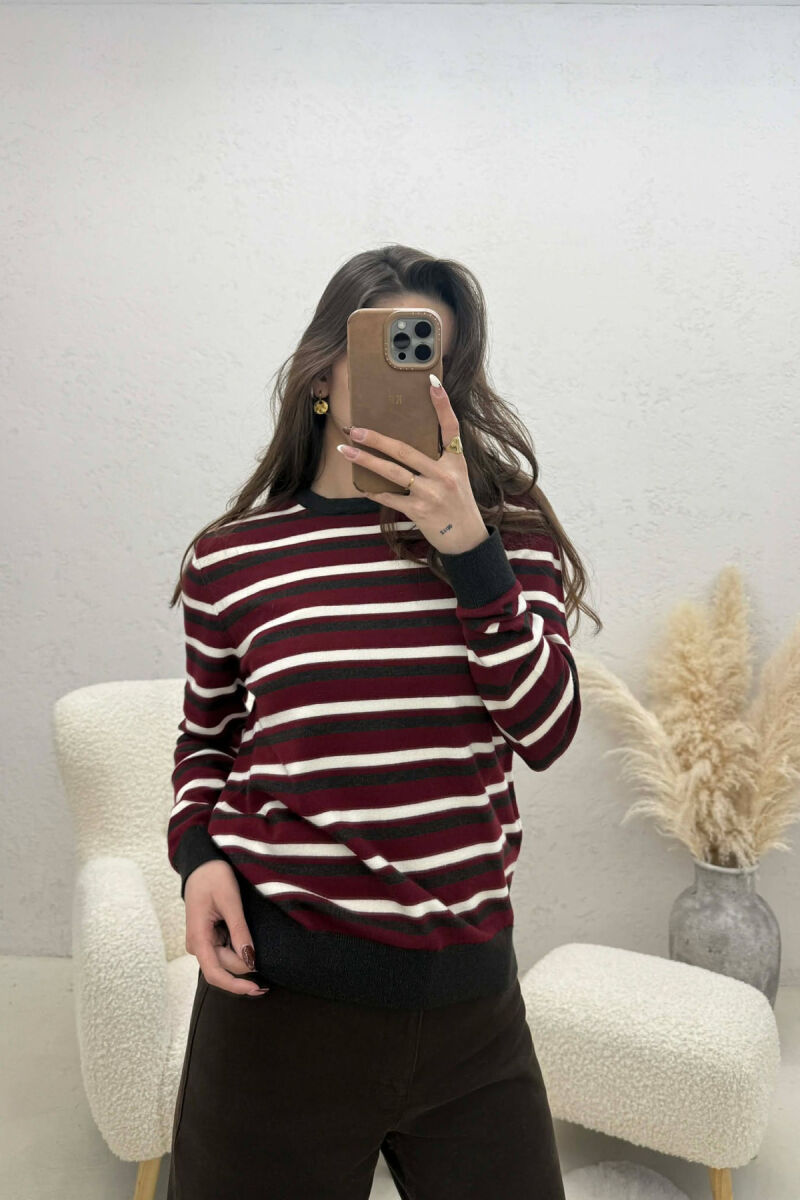STRIPE DESIGN ROUND NECK WOMEN SWEATER BURGUNDY/VISHNJE - 4