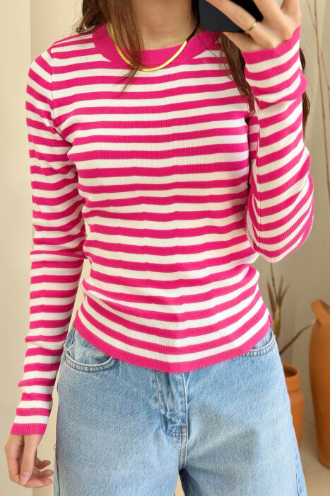 STRIPE DESIGN ROUND NECK WOMEN SWEATER FUCHSIA/CIKLAMI 