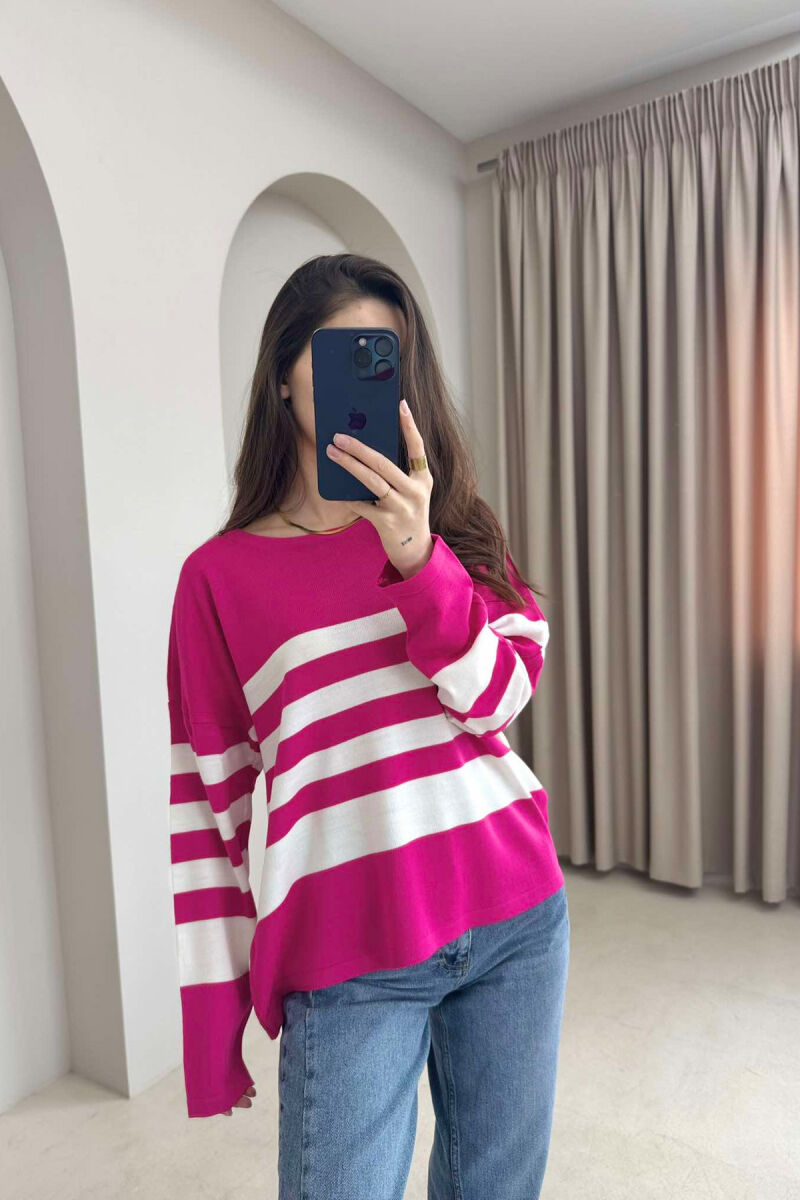 STRIPE DESIGN ROUND NECK WOMEN SWEATER FUCHSIA/CIKLAMI - 1