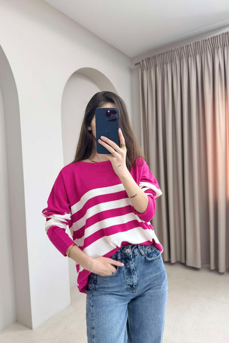 STRIPE DESIGN ROUND NECK WOMEN SWEATER FUCHSIA/CIKLAMI - 2