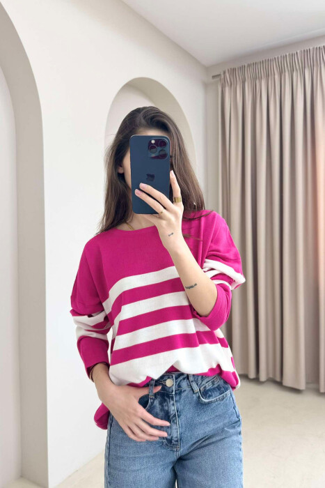 STRIPE DESIGN ROUND NECK WOMEN SWEATER FUCHSIA/CIKLAMI - 3