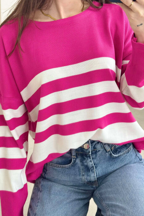 STRIPE DESIGN ROUND NECK WOMEN SWEATER FUCHSIA/CIKLAMI - 4