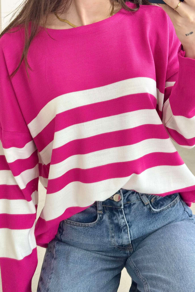 STRIPE DESIGN ROUND NECK WOMEN SWEATER FUCHSIA/CIKLAMI - 4