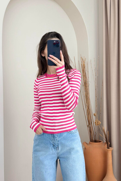 STRIPE DESIGN ROUND NECK WOMEN SWEATER FUCHSIA/CIKLAMI - 3