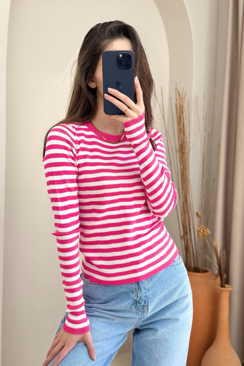 STRIPE DESIGN ROUND NECK WOMEN SWEATER FUCHSIA/CIKLAMI - 4