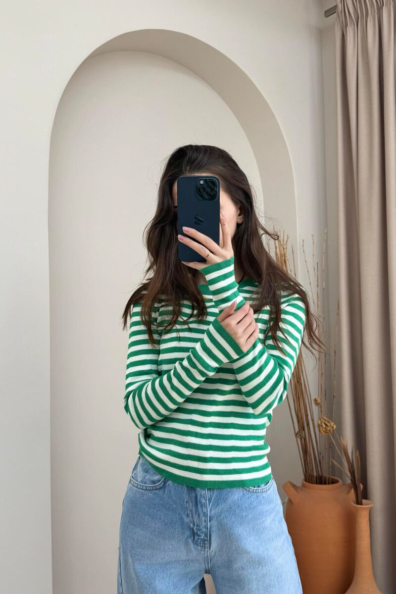 STRIPE DESIGN ROUND NECK WOMEN SWEATER GREEN/JESHILE - 2