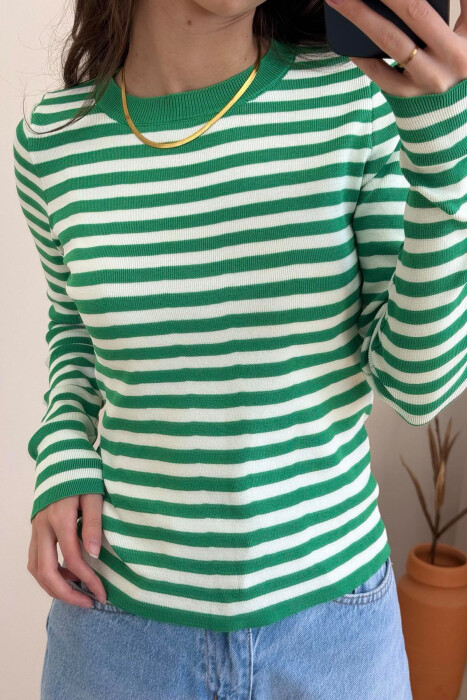 STRIPE DESIGN ROUND NECK WOMEN SWEATER GREEN/JESHILE - 3