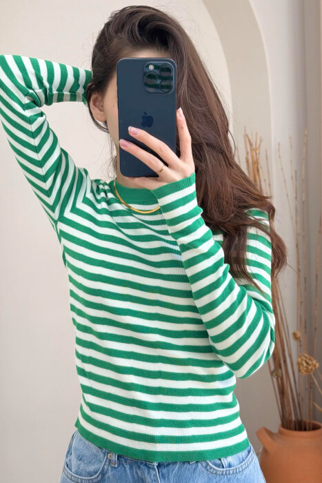 STRIPE DESIGN ROUND NECK WOMEN SWEATER GREEN/JESHILE - 4